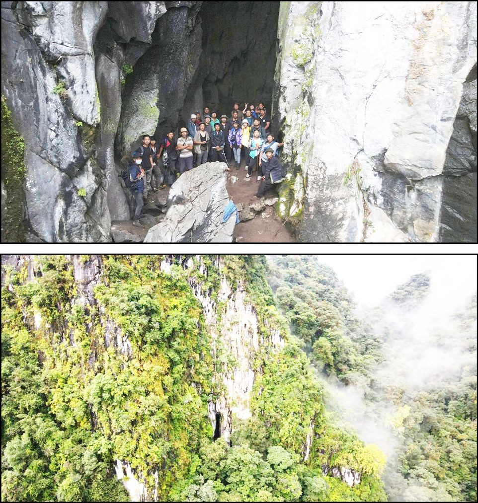 (Top): The team during the cave exploration to Pio-Ling-Kaa at Chipur Village (Thsoiphu); (Bottom) View of the Pio-Ling-Kaa.